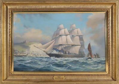 Leonard John Pearce Oil on Canvas "Warrior Off Dover", circa 1980s