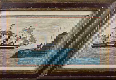 Antique American Folk Art Watercolor on Paper