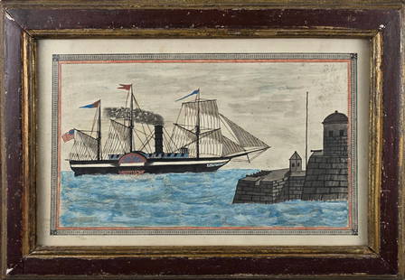 Antique American Folk Art Watercolor on Paper: Antique American Folk Art Watercolor on Paper, depicting a sailing American vessel rounding the coastline with fortress/castle in the foreground, hand decorated border, unsigned. 7 in. x 11 in. Overal