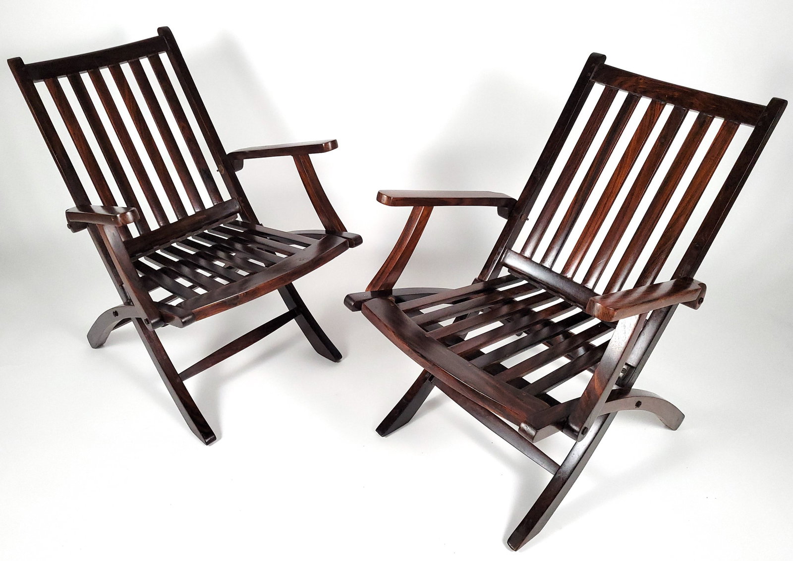 Pair of Vintage Nautical Rosewood Naval Folding Deck Chairs, 20th century (1 of 6)