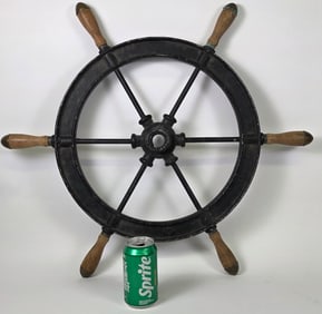 Vintage 6-Spoke Steel and Oak Ships Steering Wheel, 20th century