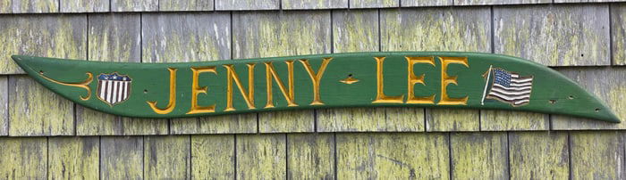 Antique Carved and Painted, "Jenny Lee", Ships Quarterboard Plaque