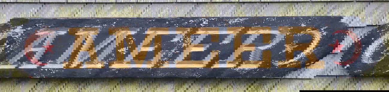 Antique Carved and Painted Ship Ameer Quarterboard: Antique Carved and Painted Ship Ameer Quarterboard, circa 1900, carved and painted pine with multiple layers of old paint. Height 11 in. Length 68 in.