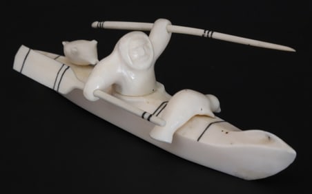 Vintage Inuit Carved Eskimo Hunter in Kayak