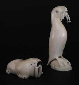 Two Vintage Inuit Carvings of an Arctic Puffin and Walrus