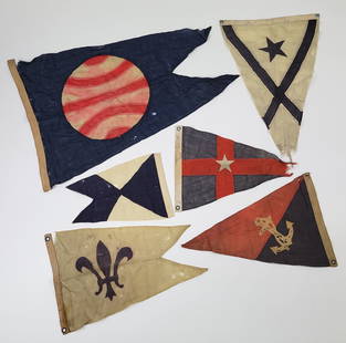 Six Vintage 1930s Yacht Club Burgee Flag Pennants: Six Vintage 1930s Yacht Club Burgee Flag Pennants, wool bunting and cotton construction, including New York Yacht Club, Sachem?s Head Connecticut, Manchester Yacht Club Massachusetts, and various othe