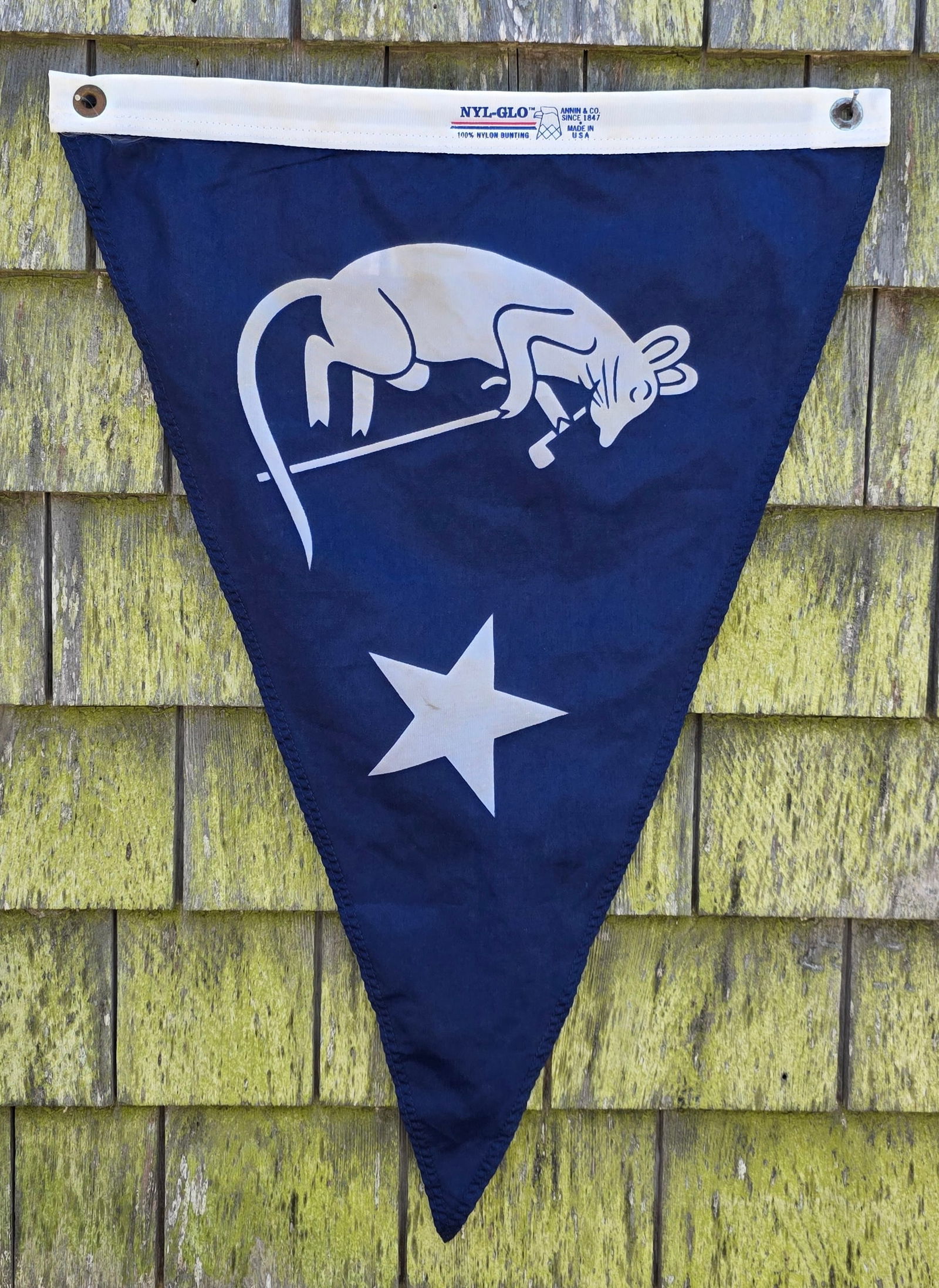 Vintage Nantucket Wharf Rat Burgee Pennant Flag: Vintage Nantucket Wharf Rat Burgee Pennant Flag, Annin & Co Made in USA, 100% nylon bunting. 26.25 in. x 17.5 in.