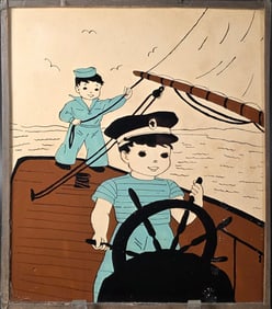 Vintage Reverse Painting on Glass of Young Sailor Boys
