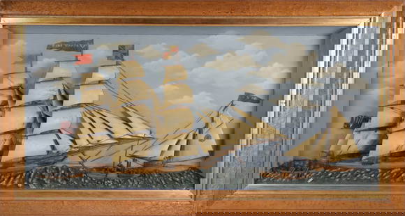 Diorama Depicting the Star of Erin a Three-Masted Schooner Under Full Sail: Diorama Depicting the Star of Erin a Three-Masted Schooner Under Full Sail, with sloop and two small manned boats nearby, with painted wood and metal elements, in bird's eye maple frame Overall 23.5 i