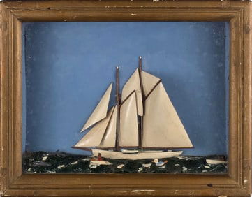 Antique Diminutive Sailboat Ship Shadowbox, 19th century