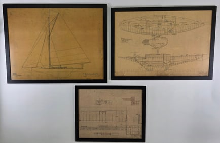 Group of Three Antique Framed Ships Builders Blueprints, circa 1900