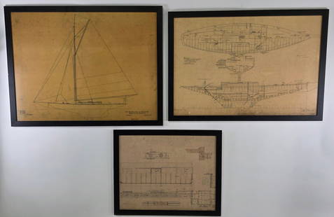 Group of Three Antique Framed Ships Builders Blueprints, circa 1900: Group of Three Antique Framed Ships Builders Blueprints, circa 1900, Herreshoff Manufacturing Company, Bristol, R.I., Thirty footers for Buzzards Bay, two with Hart Nautical Museum M.I.T. Cambridge, M