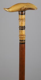 Unique Whaler Made Carved Horn Right Whale Cane, circa 1850-1860