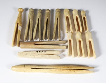 Fourteen Assorted Whale Bone Clothes Pins, 19th Century