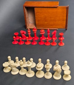Antique Carved Bone Chess Set, 19th century