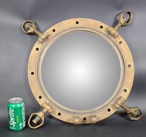 Antique Large Brass Ships Port Hole Window Mirror, circa 1920s