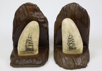 Pair Of Scrimshaw Sperm Whale Teeth Bookends