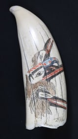 Antique Polychromed Scrimshaw Tooth Signed B. Kay Kwakine