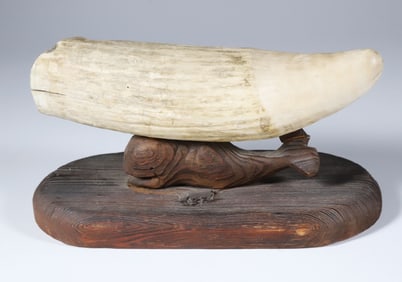 Raw Antique Sperm Whale Tooth Mounted on a Carved Wood Whale Stand, 19th Century