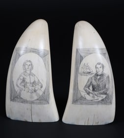 Pair of Antique Scrimshaw Whale Teeth Engraved with Ship Captain and Wife