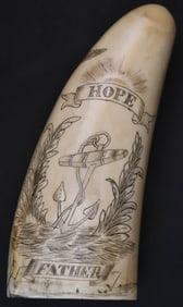 Scrimshaw Whale Tooth "Hope, Father", 19th Century