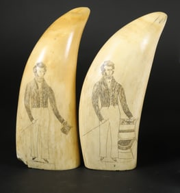 Pair Scrimshaw Whale Teeth "Husband and Wife", 19th Century