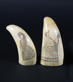 Two Scrimshaw Whale Teeth, 19th Century