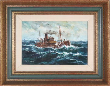 Jack L. Gray Oil on Canvas Board "Steam Trawler at Sea"