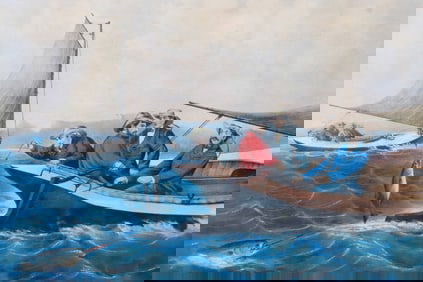 Currier & Ives Colored Lithograph "Trolling for Bluefish", 19th Century