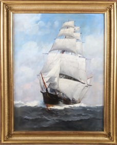 T. Bailey Oil on Canvas "Bow View of a Fully Rigged Clipper on the Open Seas"