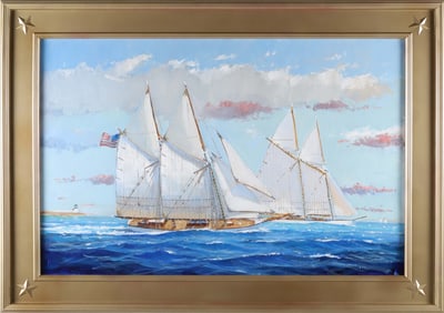 William Lowe Oil on Linen "Schooners Departing Nantucket"