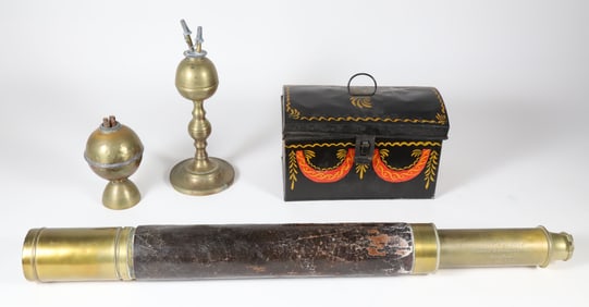 Four Items Including an Engraved J.P. Gardner Brass and Leather Telescope, 19th Century