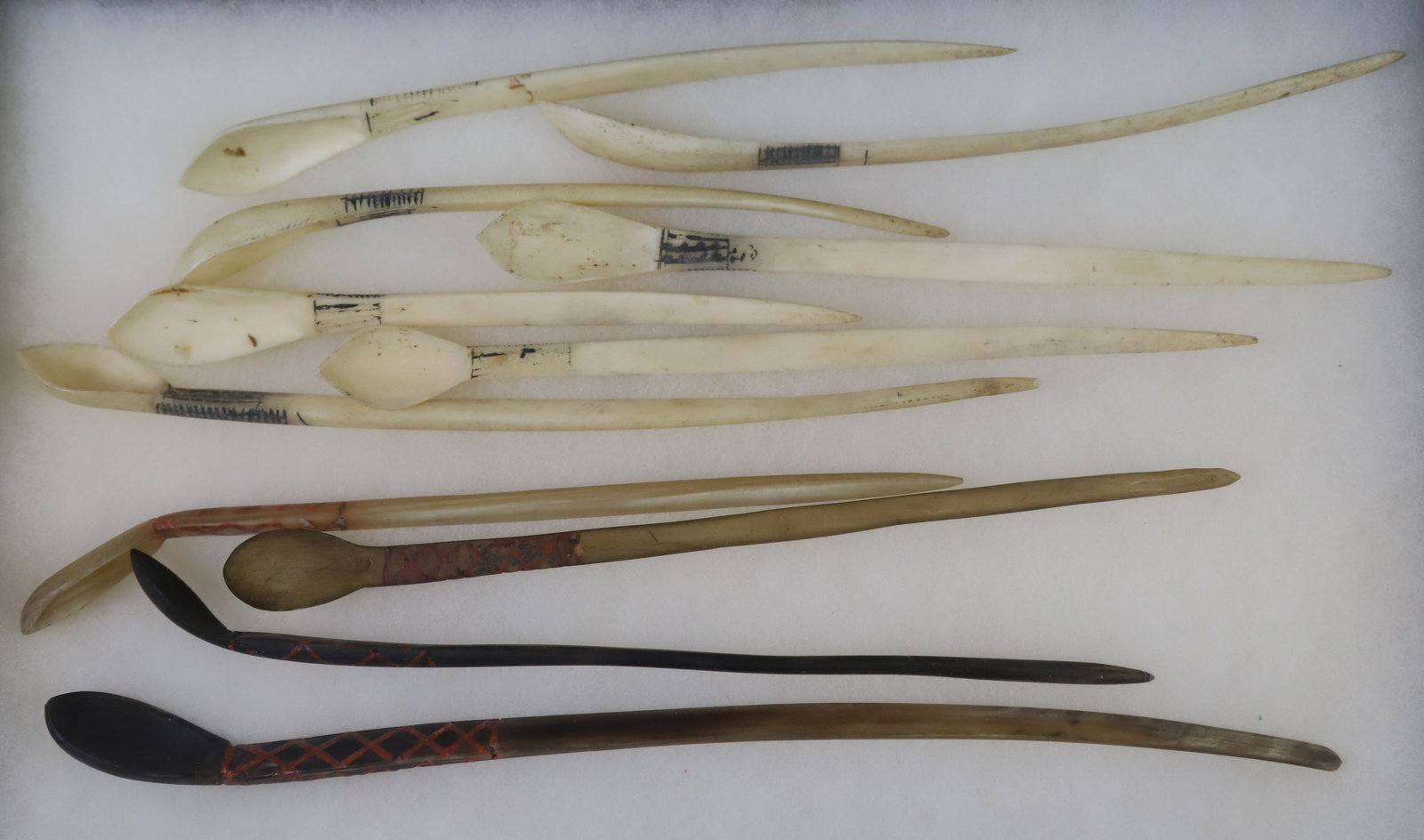 Collection of Eleven Decorated Bone and Horn Polynesian Spoons, 19th Century: Collection of Eleven Decorated Bone and Horn Polynesian Spoons, 19th Century, housed in display box Longest 10 in.