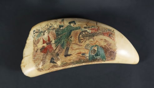 Polychromed Scrimshaw Antique Whale Tooth "General John Stark's at Battle of Bennington, Vermont"