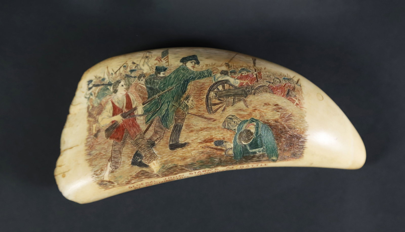Polychromed Scrimshaw Antique Whale Tooth "General John Stark's at Battle of Bennington, Vermont": Polychromed Scrimshaw Antique Sperm Whale Tooth,?"General John Stark's at Battle of Bennington, Vermont 1777" Height 7.5 in. Width 3.25 in.