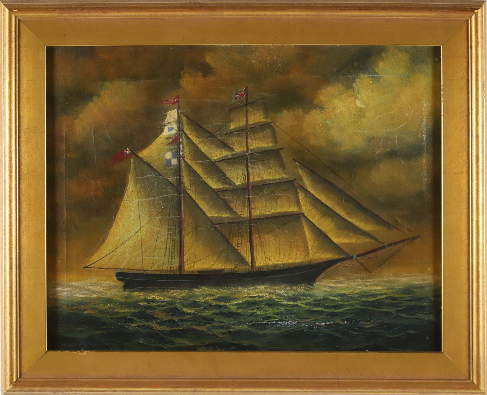 Antique Oil on Canvas "British Two-Mast Schooner": Antique Oil on Canvas "British Two-Mast Schooner", in molded gilt frame 11.5 in. x 14 in. Framed 15 in. x 18.5 in. Provenance:? The Estate of Frank W. Hamilton III