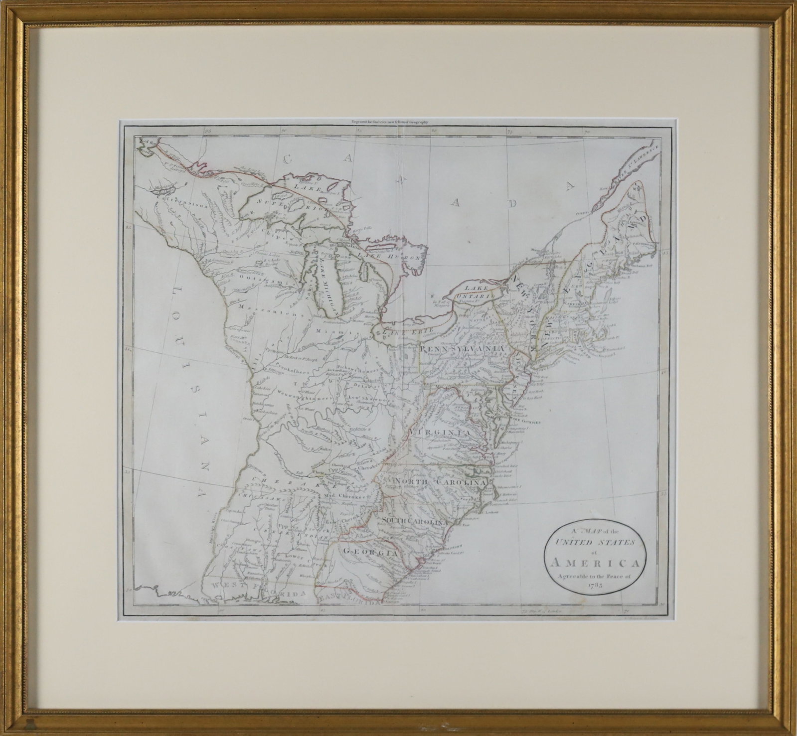 A Map of the United States of America, Agreeable to the Peace of 1783: "A Map of the United States of America, Agreeable to the Peace of 1783", matted and framed 14 in. x 16 in. Framed 21 in. x 23 in. Provenance:? The Estate of Frank W. Hamilton III