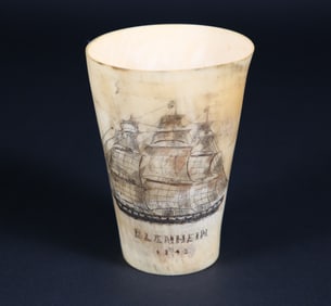 Horn Cup With Scrimshaw Clippership "Blenheim 1849"