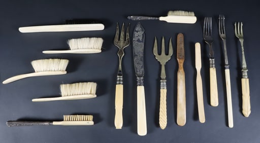 Fifteen Bone and Silver Handle Brushes and Forks, Etc.,19th Century / 20th Century