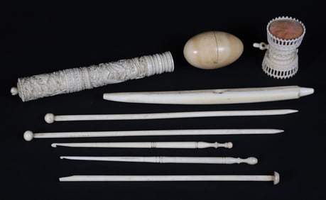 Group of Nine Antique Whalebone Sewing Implements, 19th Century