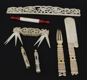 Group of Seven Antique Whalebone Artifacts, 19th Century