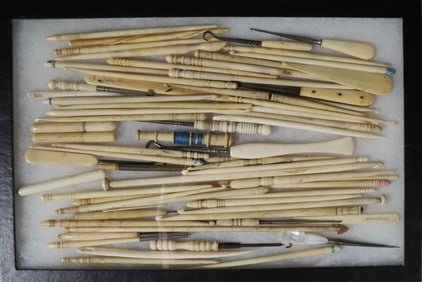 Approximately Sixty-Five Whalebone Crochet Hooks and Sewing Implements, 19th Century