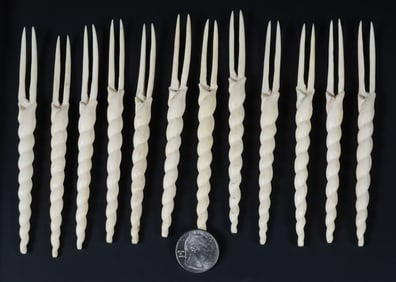 Twelve Carved Bone Twisted Handle Lobster Picks