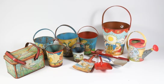 Collection of 13 Vintage Tin Sand Toys