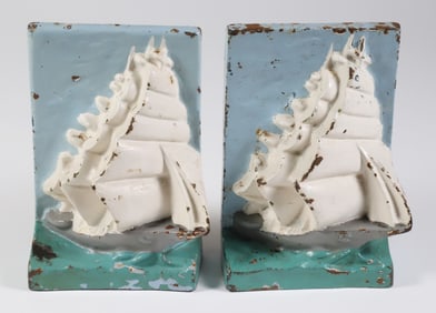 Pair Of Hubley Painted Cast Iron Clipper Ship Bookends
