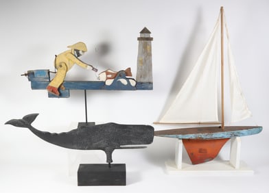 Group Of Folk Art Carvings Comprising a Pond Model, Sperm Whale, and Fisherman Whirligig