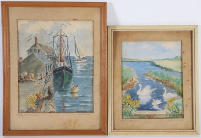 Two Anne Mellin Watercolors on Paper Titled "Happy Family" and "Old South Wharf"