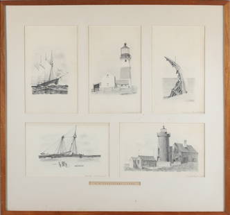 C.E. Cartwright Nantucket Pencil Drawings, circa 1885: C.E. Cartwright Nantucket Pencil Drawings, circa 1885, clipper ship, Sankaty Head Light, wreck on Sconset Beach, wreck at Wauwinet, Brant Point Light, all within one frame with custom matting Views: 5