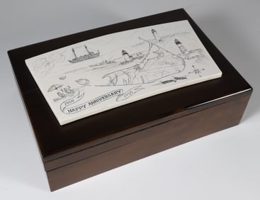 Nancy Chase Scrimshaw Plaque of Nantucket Mounted on Box