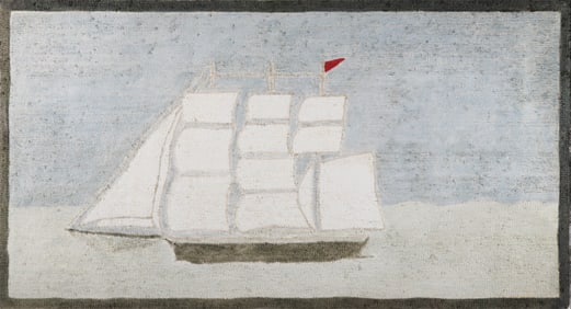 Antique Framed 3-Masted Ship Hooked Rug